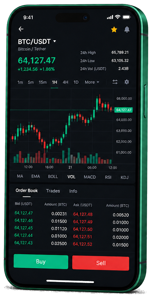 Application mobile Qavzotynel — graphique BTC/USDT en direct, carnet d’ordres et outils de trading